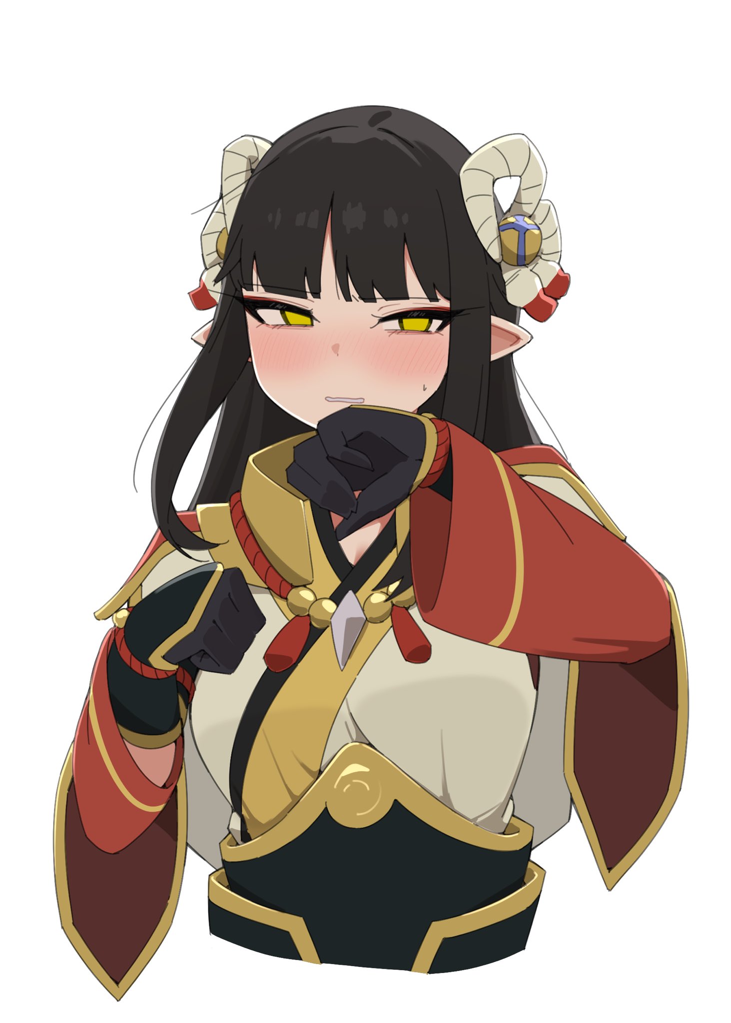 mocha mh, minoto, monster hunter (series), monster hunter rise, highres, 1girl, black gloves, black hair, blush, cropped torso, eyeshadow, gloves, hair ornament, japanese clothes, kimono, long hair, looking at viewer, makeup, pointy ears, red eyeshadow, simple background, solo, sweatdrop, white background, yellow eyes