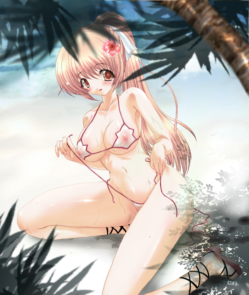 ankle lace-up, beach, bikini, breasts, brown eyes, cleavage, covered erect nipples, day, large breasts, long hair, nipples, pink hair, ponytail, see-through clothes, side-tie bikini bottom, solo, swimsuit, undersized clothes, undressing, untied bikini, wet, white bikini