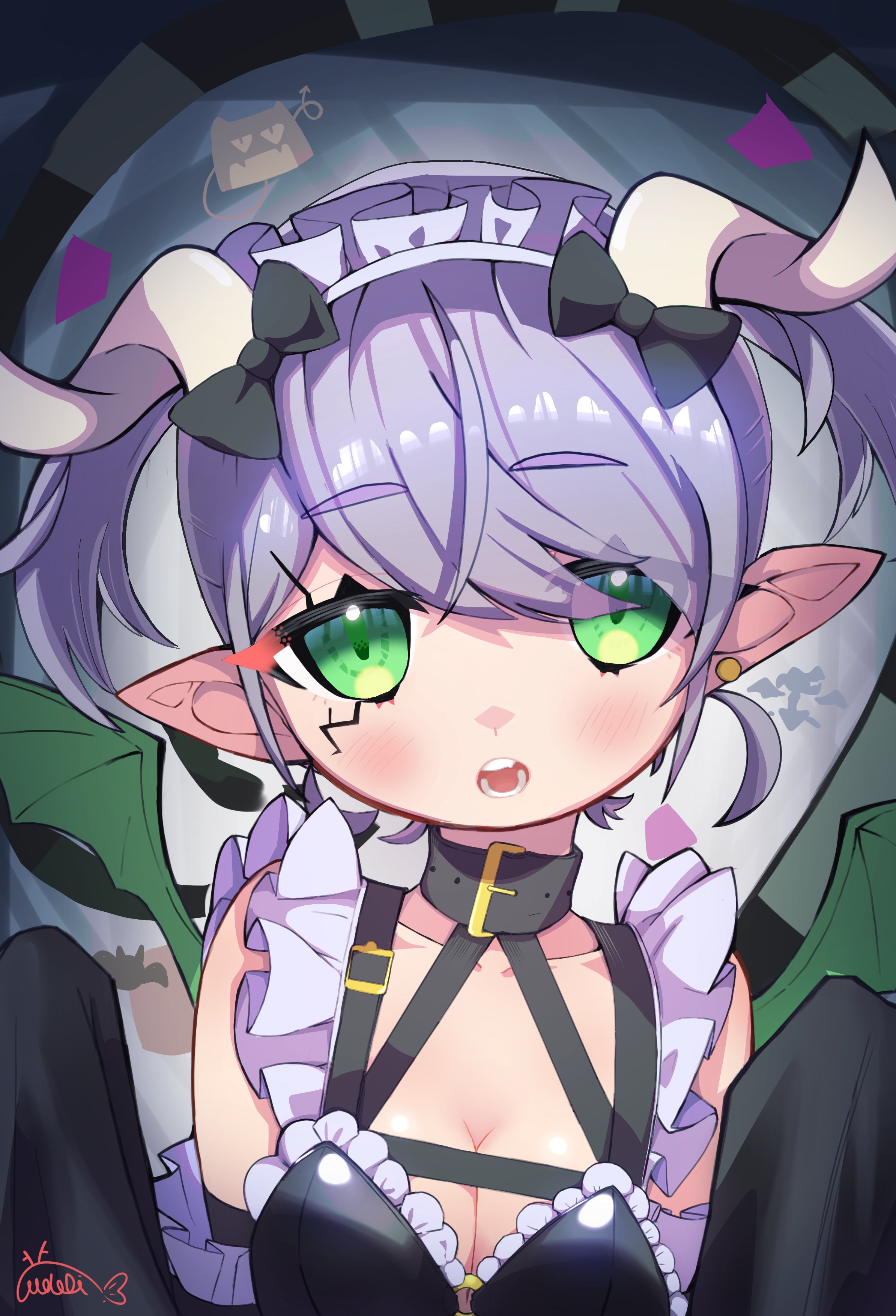 moladi, arianna the labrynth servant, yu-gi-oh!, absurdres, highres, 1girl, breasts, cleavage, demon girl, demon horns, demon tail, duel monster, green eyes, green wings, horns, maid, maid headdress, pointy ears, sleeves past wrists, small breasts, solo, tail, upper body, wings