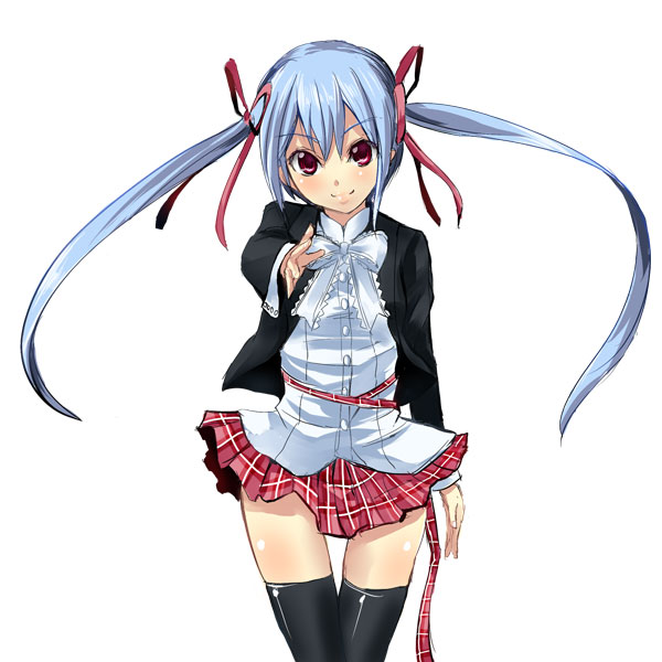gin'ichi (akacia), ginichi, amatsuka tsurara, baby princess, 10s, 1girl, blue hair, female focus, red eyes, ribbon, solo, thighhighs, twintails, zettai ryouiki