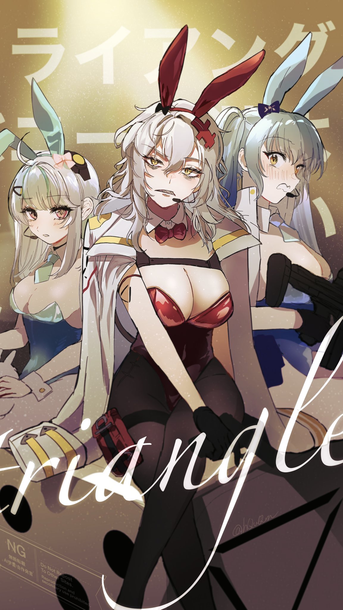 mutsui, admi (nikke), privaty (nikke), yulha (nikke), goddess of victory: nikke, highres, 3girls, alternate costume, animal ears, black gloves, black pantyhose, blue hair, blue leotard, blush, breasts, cleavage, coat, detached collar, fake animal ears, gloves, hair between eyes, large breasts, leotard, long hair, looking at viewer, medium breasts, messy hair, multiple girls, pantyhose, playboy bunny, rabbit ears, red leotard, sharp teeth, sidelocks, sitting, teeth, triangle (nikke), twintails, white coat, white hair, white pantyhose, yellow eyes