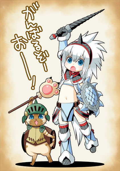 mattaku mousuke, felyne, capcom, monster hunter (series), 1girl, armor, blue eyes, hairband, helmet, horns, kirin (armor), loincloth, paw stick, shield, single horn, weapon, white hair