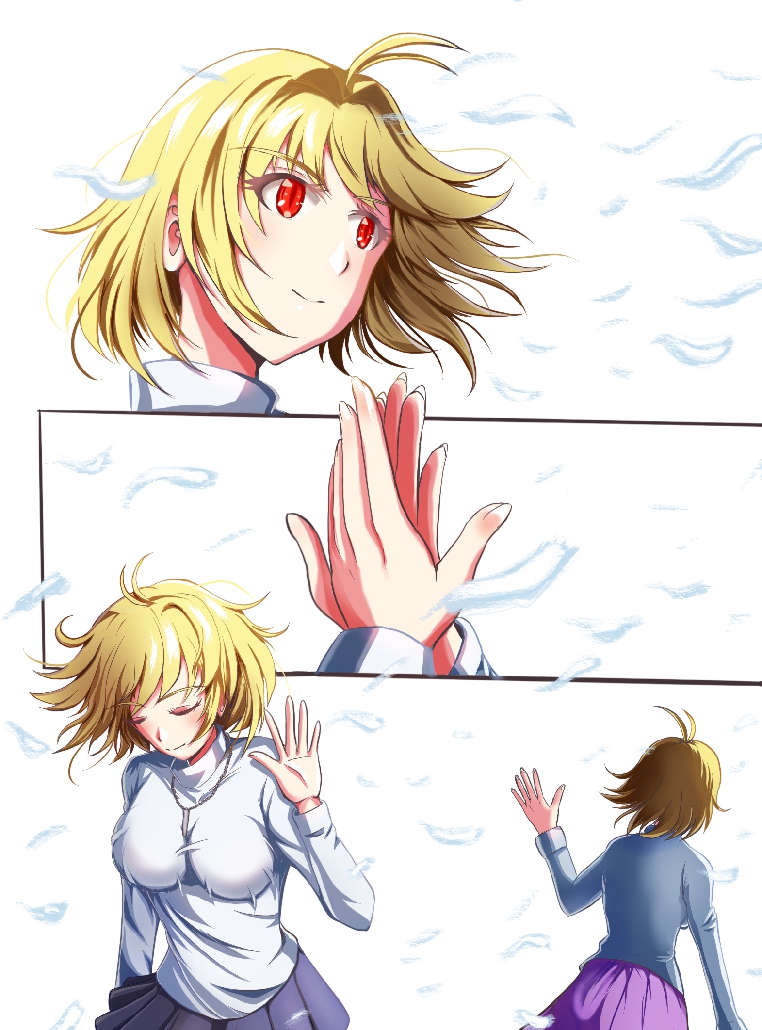 tetsu no samurai, arcueid brunestud, tsukihime, tsukihime (remake), highres, 2girls, blush, closed mouth, dual persona, falling petals, floating clothes, floating hair, hand on another's hand, high five, jewelry, multiple girls, necklace, petals, purple skirt, red eyes, skirt, smile, sweater, time paradox, turtleneck, white sweater