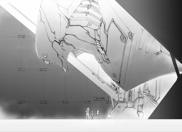 wadatsumi garland, lyrical nanoha, mahou shoujo lyrical nanoha, mahou shoujo lyrical nanoha strikers, neon genesis evangelion, 00s, 1boy, 3girls, arm up, armor, crossover, dress, full body, greyscale, hands in pockets, indoors, lab coat, long hair, machinery, mecha, monochrome, multiple girls, pants, robot, size difference, standing, sunlight, sweater, very long hair, wavy hair
