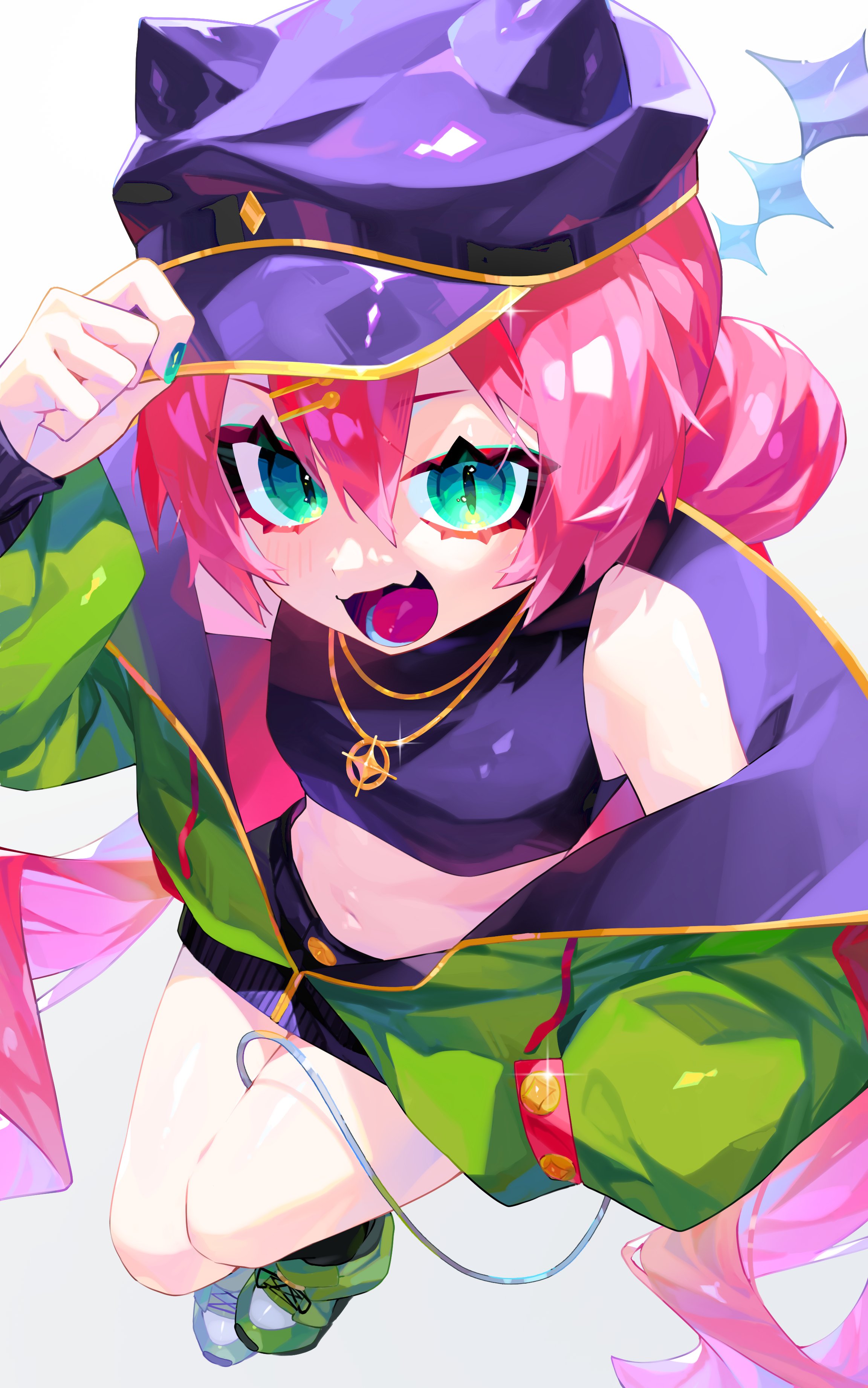 n. (plaw 01), original, absurdres, commentary, commission, highres, 1girl, :d, adjusting clothes, adjusting headwear, animal hat, arm up, bare shoulders, beanie, black hat, black jacket, black shirt, black shorts, black socks, breasts, cat hat, crop top, cropped shirt, curly hair, double-parted bangs, fangs, from above, full body, gold necklace, gold trim, green eyes, green jacket, green nails, green shoes, grey background, hair between eyes, hand in pocket, hat, invisible chair, jacket, jacket partially removed, jewelry, kneehighs, light particles, long hair, long sleeves, looking at viewer, low twintails, lower teeth only, midriff, nail polish, navel, necklace, open mouth, pink hair, puffy long sleeves, puffy sleeves, shirt, shoelaces, shoes, short shorts, shorts, simple background, sitting, skin fangs, sleeveless, sleeveless shirt, small breasts, smile, socks, solo, sparkle, teeth, tongue, twintails, two-sided fabric, two-sided jacket, very long hair, visor cap