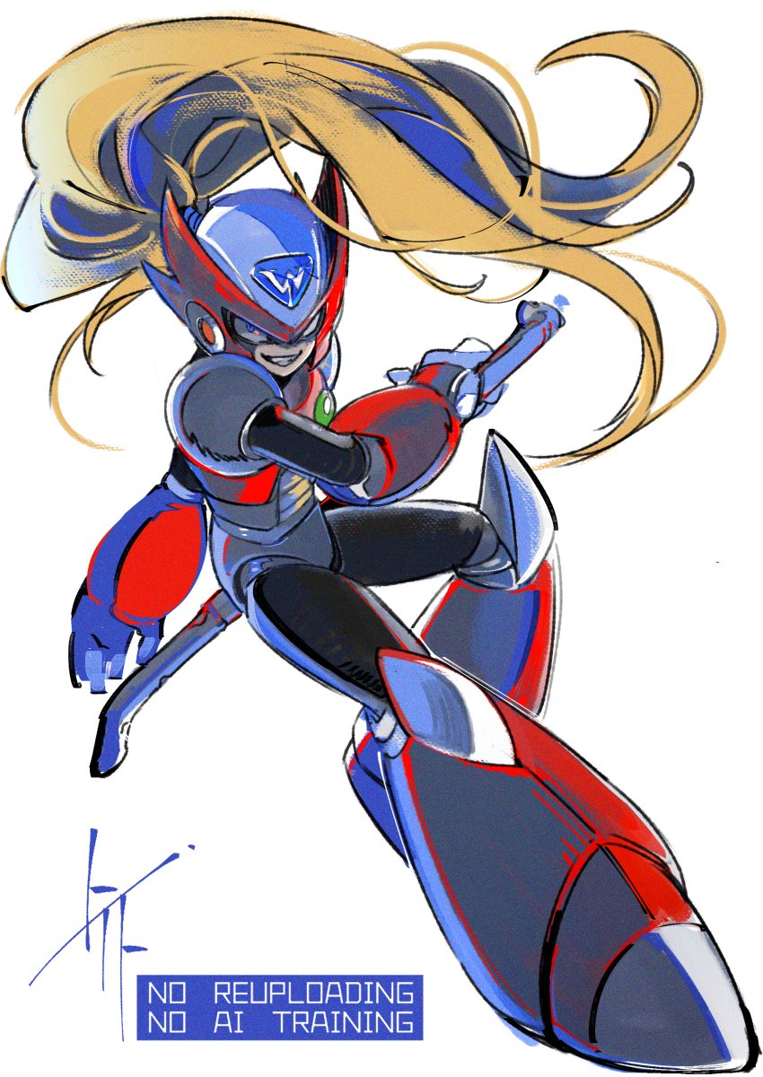 to i to io, zero (mega man), mega man (series), mega man x4, mega man x (series), highres, 1boy, armor, blonde hair, chest jewel, english text, floating hair, forehead jewel, full body, helmet, holding, holding lead pipe, lead pipe, long hair, male focus, parted lips, red armor, red eyes, red helmet, red theme, simple background, smirk, solo, teeth, watermark, white background