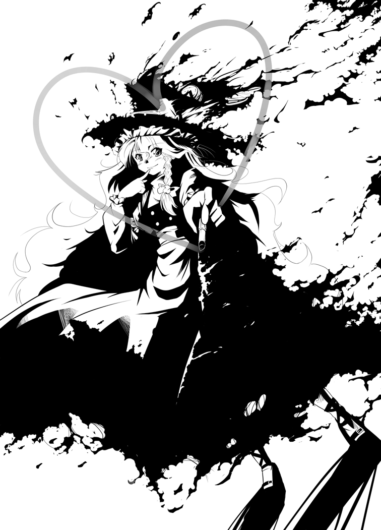 haibane, haibane (tsukumo no kiseki), kirisame marisa, touhou, bad id, bad pixiv id, 1girl, braid, dress, female focus, greyscale, hair ribbon, hat, heart, long hair, monochrome, ribbon, solo, white background, witch, witch hat