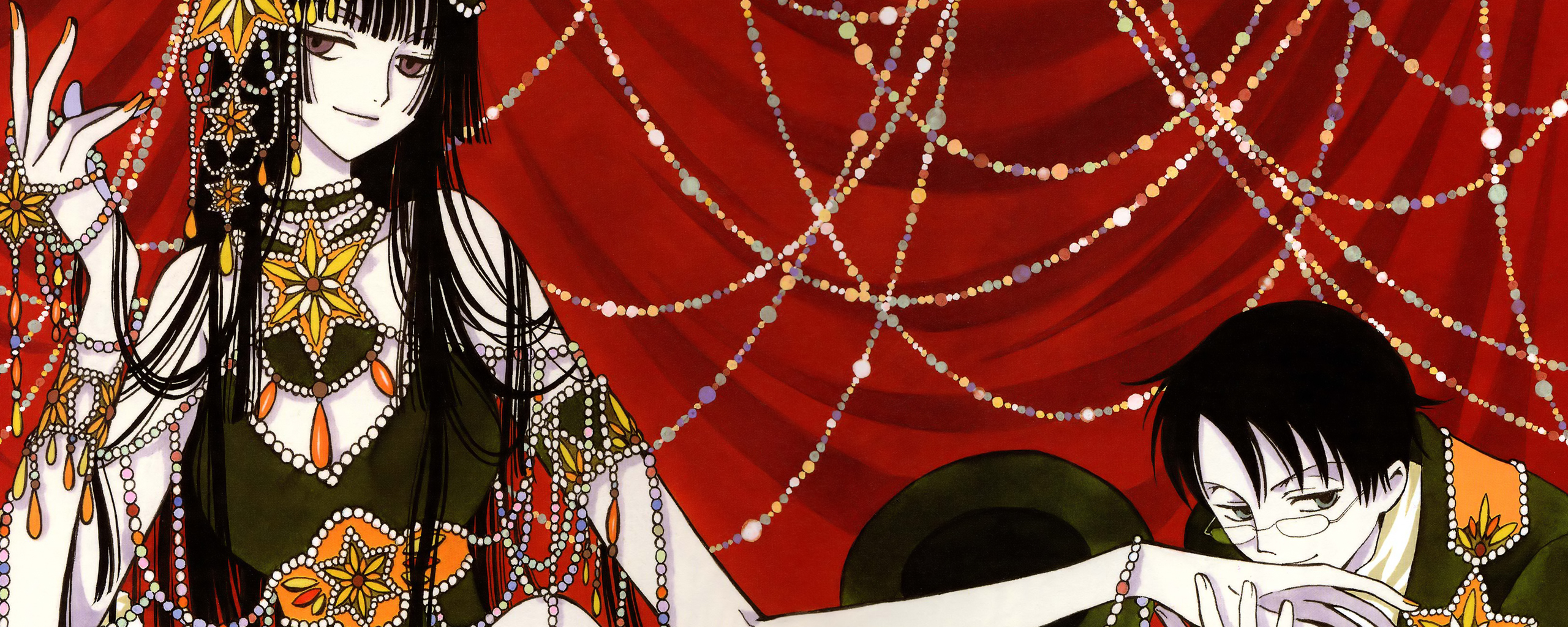 ichihara yuuko, watanuki kimihiro, xxxholic, highres, long image, tagme, wide image, 00s, 1boy, 1girl, bare shoulders, black hair, jewelry, long hair, short hair, very long hair