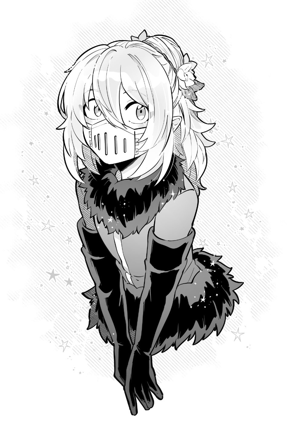 mairimashita! iruma-kun, highres, 1boy, balam shichiro, elbow gloves, flower, fur trim, gloves, greyscale, hair bun, hair flower, hair ornament, isiko mim z, long hair, looking at viewer, male focus, mask, monochrome, mouth mask, pointy ears, shirt, simple background, single hair bun, solo, trap, upper body, white background