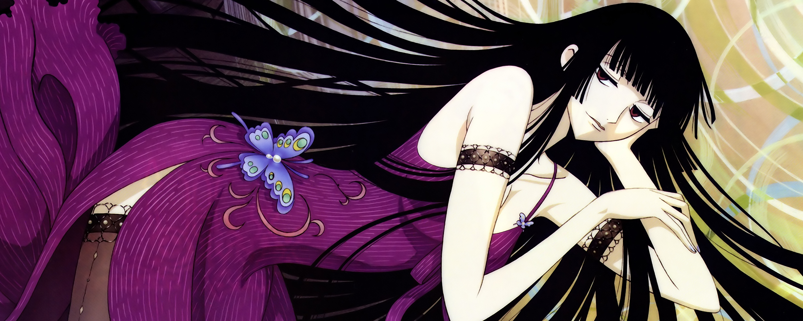 ichihara yuuko, xxxholic, highres, long image, tagme, wide image, 00s, 1girl, bare shoulders, black hair, bug, butterfly, female focus, insect, jewelry, long hair, lying, red eyes, solo, thighhighs, very long hair