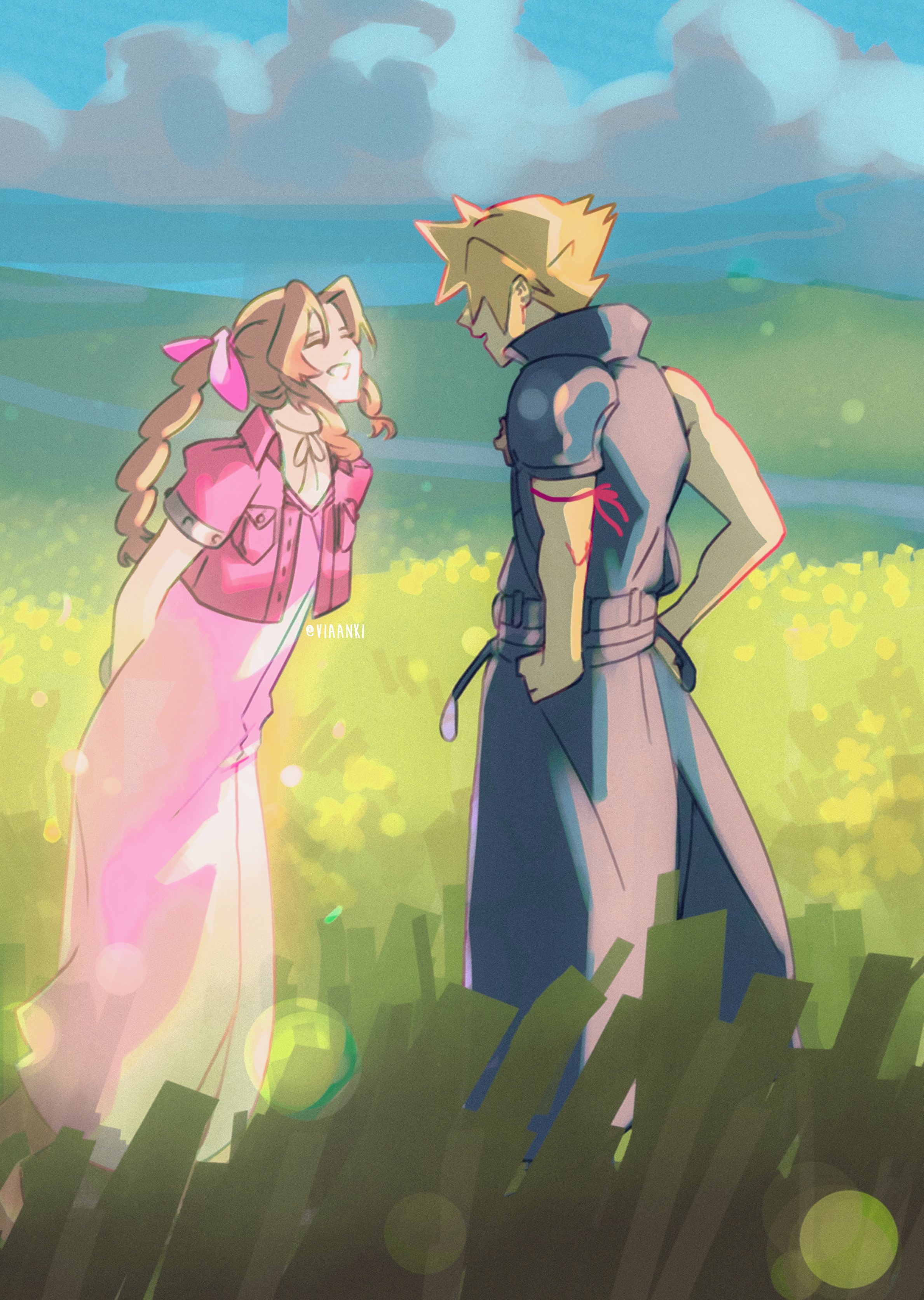 emi-bianchi, aerith gainsborough, cloud strife, final fantasy, final fantasy vii, final fantasy vii advent children, absurdres, commentary, english commentary, highres, 1boy, 1girl, arms behind back, blonde hair, blue sky, braid, brown hair, closed eyes, cloud, cropped jacket, dress, grass, hands on own hips, jacket, long hair, looking at another, open mouth, outdoors, pink dress, pink jacket, scene reference, short hair, short sleeves, sky, smile
