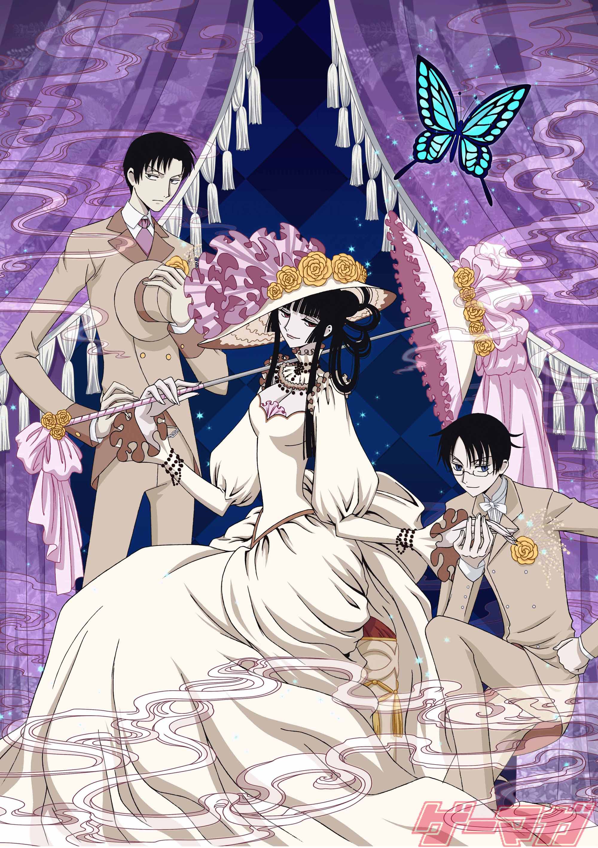 doumeki shizuka, ichihara yuuko, watanuki kimihiro, xxxholic, absurdres, highres, tagme, 00s, 1girl, 2boys, black hair, bonnet, bug, butterfly, formal clothes, hat, holding hands, jewelry, long hair, multiple boys, short hair, top hat, umbrella, watermark