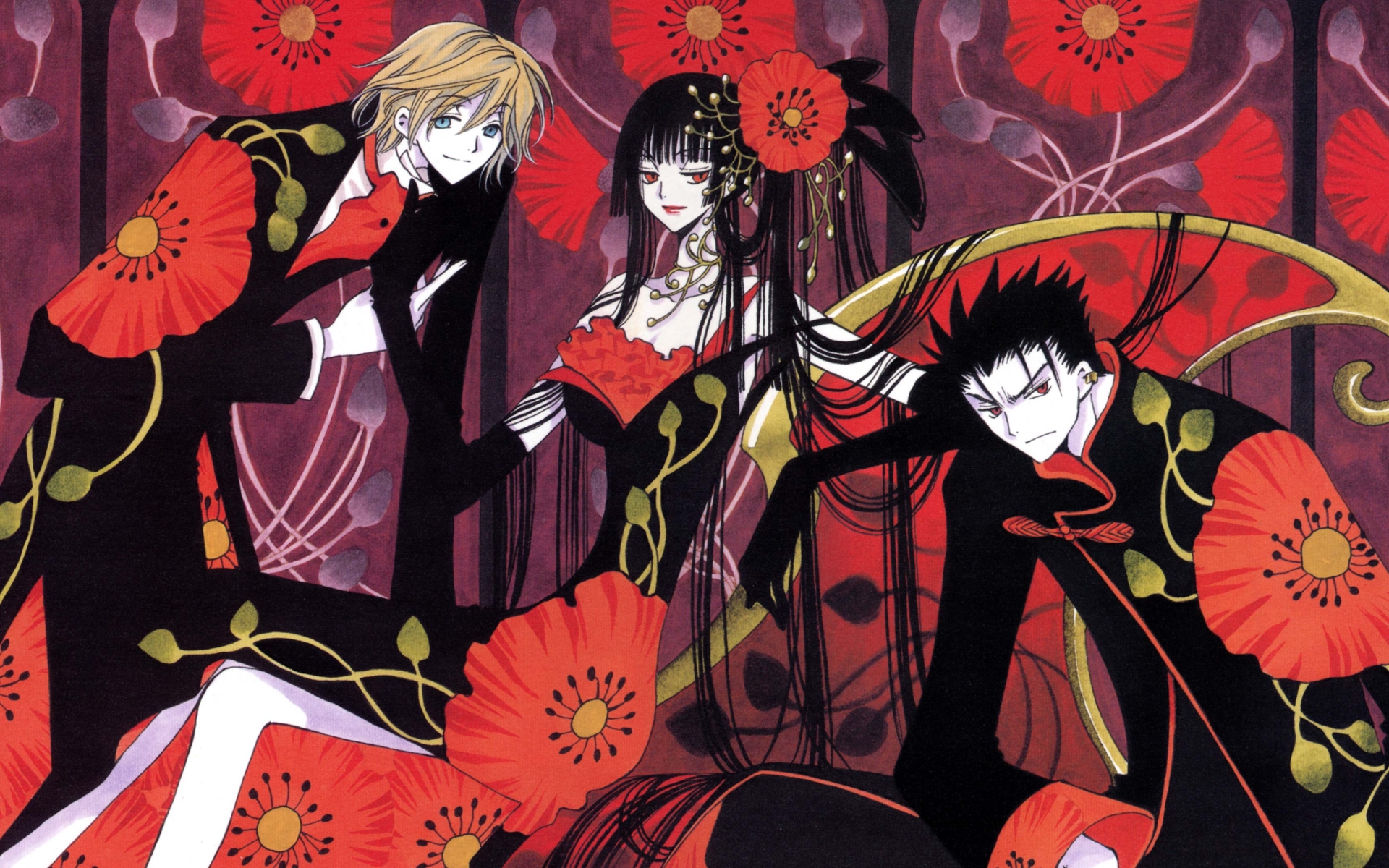 clamp, fai d. flowright, ichihara yuuko, kurogane, tsubasa chronicle, xxxholic, highres, 00s, black hair, blonde hair, blue eyes, blunt bangs, hime cut, long hair, red eyes, short hair, very long hair