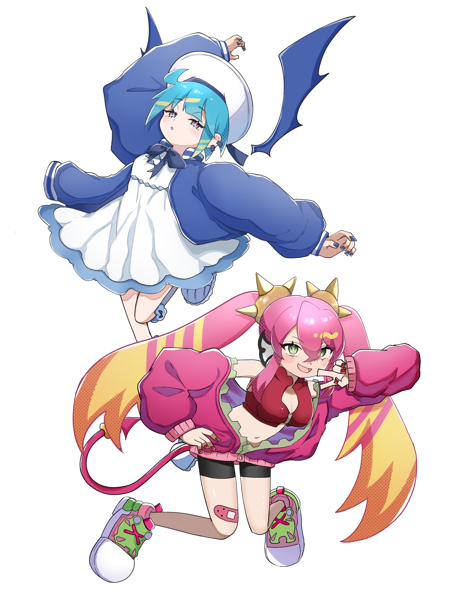 shiroue tomari, ki-sikil (yu-gi-oh!), lil-la (yu-gi-oh!), live twin ki-sikil, live twin lil-la, yu-gi-oh!, highres, 2girls, black shorts, blonde hair, blue hair, blue jacket, breasts, demon girl, demon tail, demon wings, dress, duel monster, full body, green eyes, jacket, long hair, multicolored hair, multiple girls, pink hair, purple eyes, red jacket, red vest, short hair, shorts, simple background, streaked hair, tail, twintails, vest, virtual youtuber, white background, white dress, wings