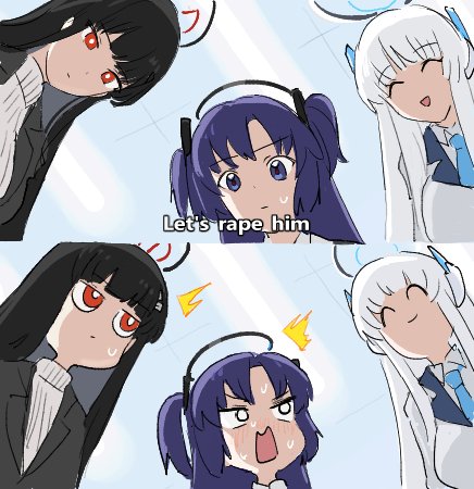 goreinu white, noa (blue archive), rio (blue archive), yuuka (blue archive), blue archive, lowres, 3girls, ^ ^, black hair, blue eyes, closed eyes, english text, from below, halo, long hair, meme, multiple girls, parody, purple hair, red eyes, white hair