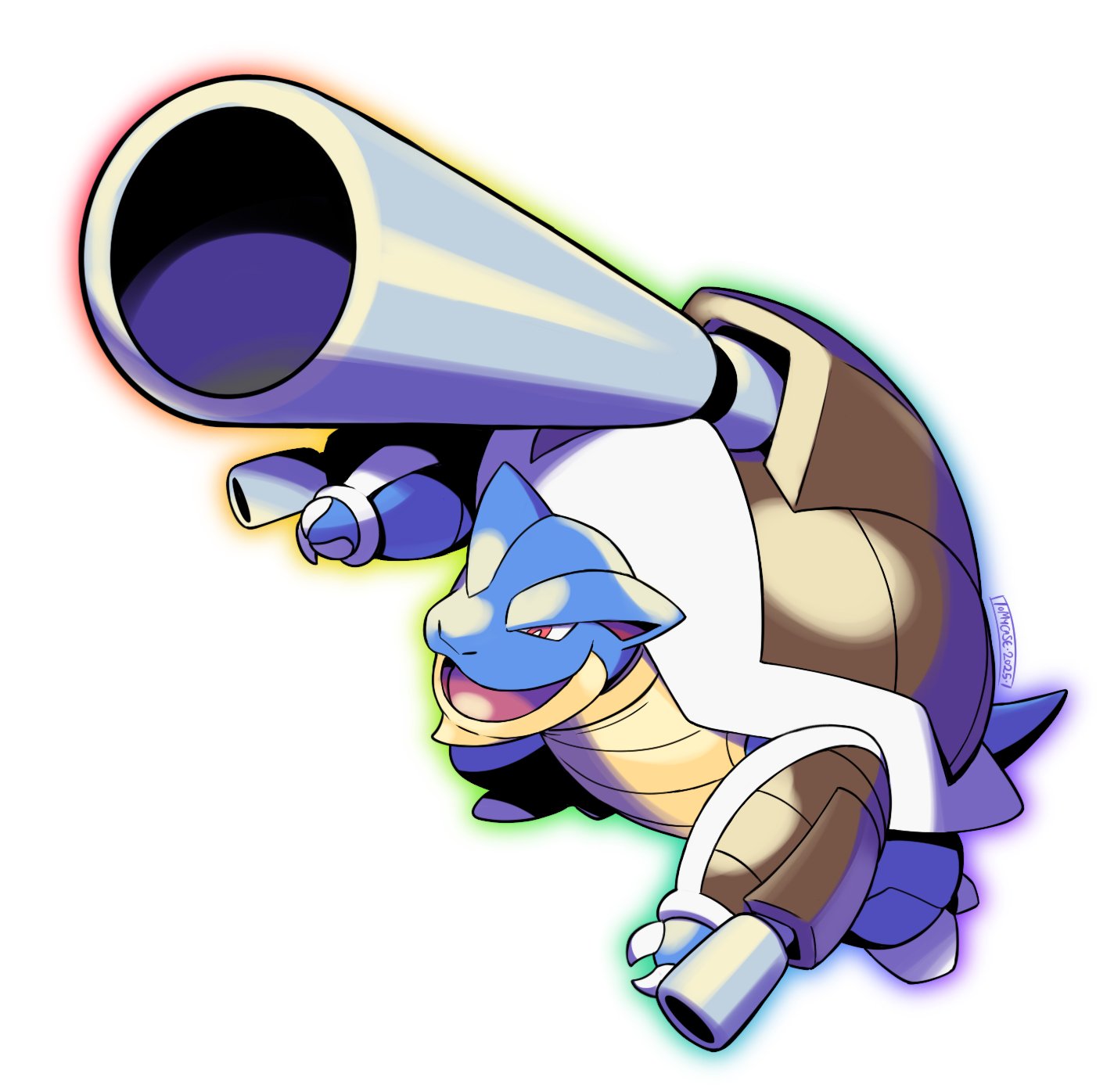 tomycase, blastoise, mega blastoise, nintendo, pokemon, highres, arm cannon, full body, gen 1 pokemon, mega pokemon, no humans, open mouth, pokemon (creature), shoulder cannon, simple background, solo, turtle, weapon, white background