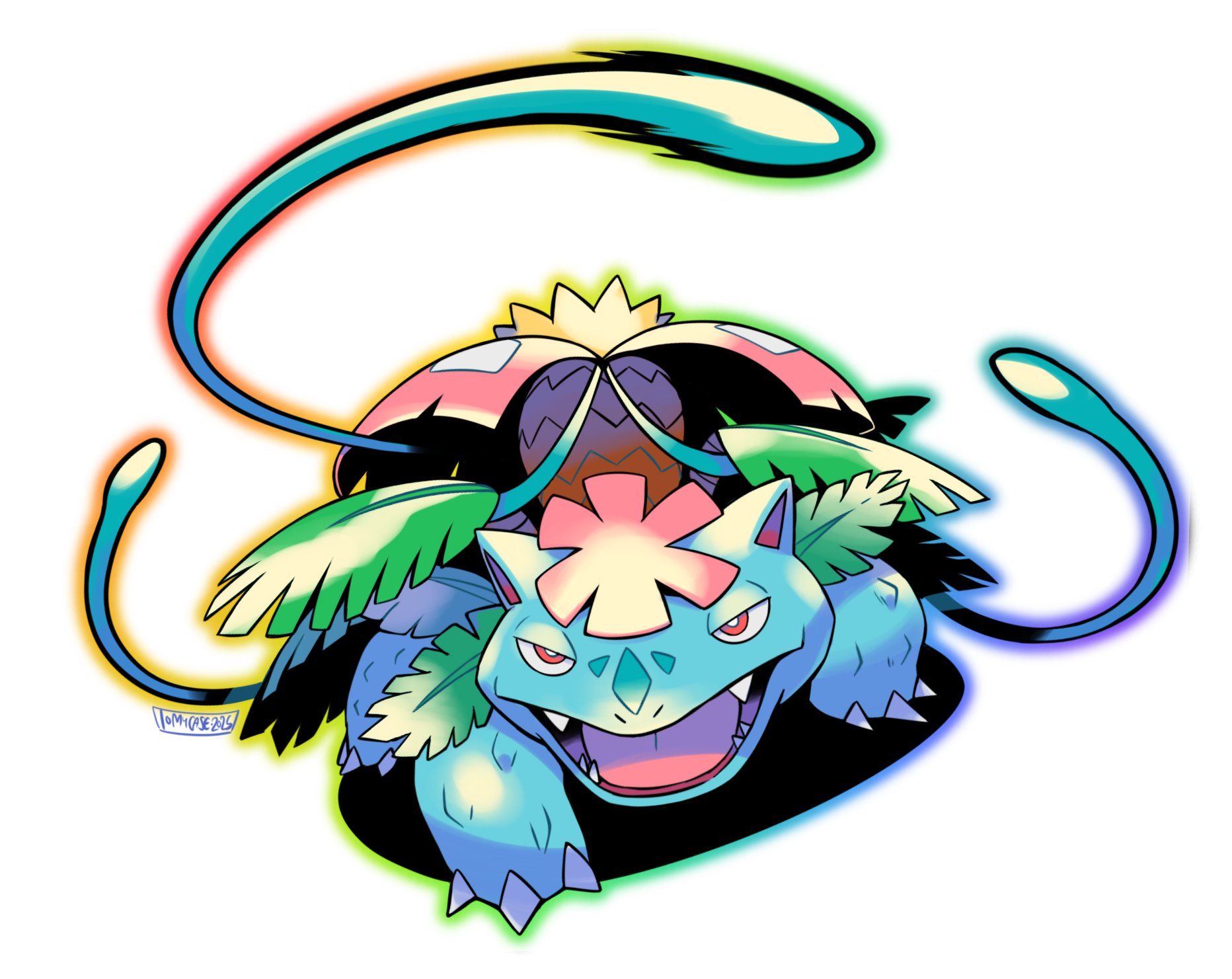 tomycase, mega venusaur, venusaur, nintendo, pokemon, highres, fangs, flower, full body, gen 1 pokemon, mega pokemon, no humans, open mouth, plant, pokemon (creature), red eyes, simple background, solo, vines, white background