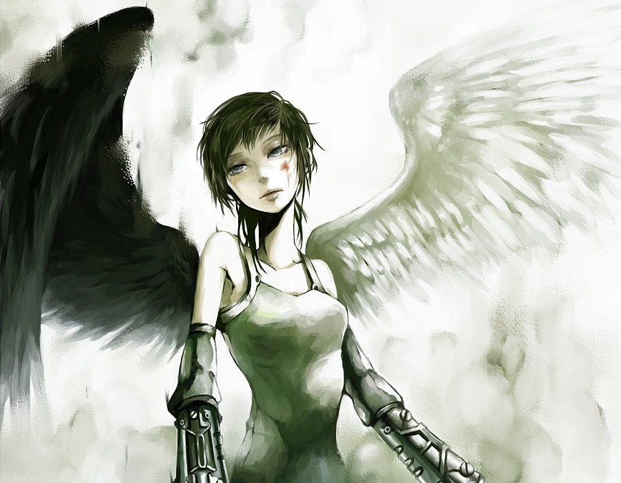 ron (mosamosa), original, 1girl, angel wings, brown hair, female focus, grey eyes, prosthesis, short hair, solo, wings