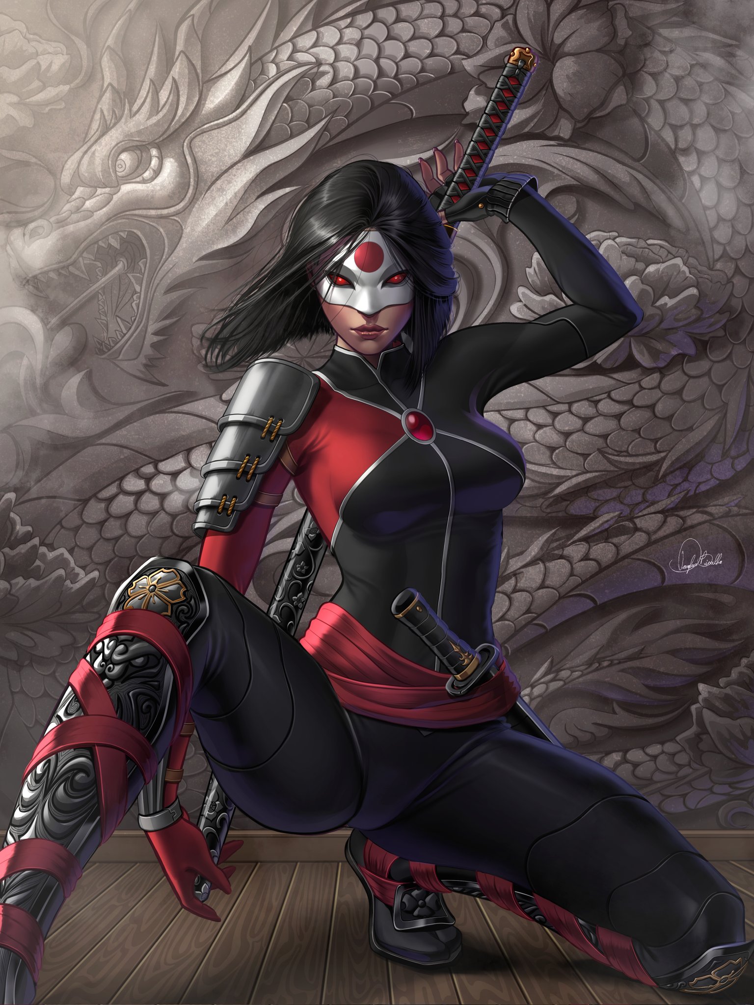 douglas bicalho, katana (dc), dc comics, highres, 1girl, armor, asymmetrical gloves, black bodysuit, black gloves, black hair, bodysuit, fingerless gloves, gloves, holding, holding sword, holding weapon, katana, mismatched gloves, on one knee, pauldrons, red bodysuit, red eyes, red gloves, short hair, shoulder armor, signature, single pauldron, solo, squatting, sword, two-tone bodysuit, weapon, white mask, wooden floor