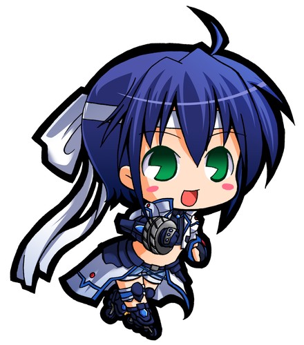 revolver knuckle, subaru nakajima, lyrical nanoha, mahou shoujo lyrical nanoha, mahou shoujo lyrical nanoha strikers, lowres, 00s, 1girl, :d, ahoge, armor, armored boots, belt, blush stickers, boots, buckle, chibi, female focus, full body, headband, knee boots, knee pads, looking at viewer, open mouth, running, simple background, smile, solo, white background