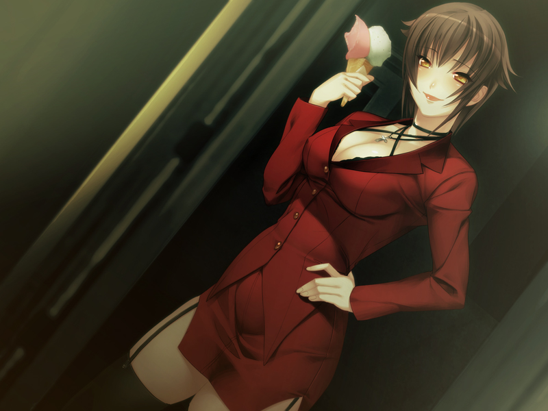oosaki shin'ya, rebecca (gekkou no carnevale), gekkou no carnevale, nitroplus, game cg, 1girl, belted, belted dress, black hair, black thighhighs, breasts, brown hair, business suit, choker, clasped dress, cleavage, cross, dress, dutch angle, female focus, food, formal clothes, garter belt, hand on own hip, hip focus, ice cream, jewelry, large breasts, latin cross, lipstick, makeup, miniskirt, necklace, pencil skirt, short hair, skirt, skirt suit, smile, solo, suit, thighhighs, tight clothes, tight dress, yellow eyes, zettai ryouiki