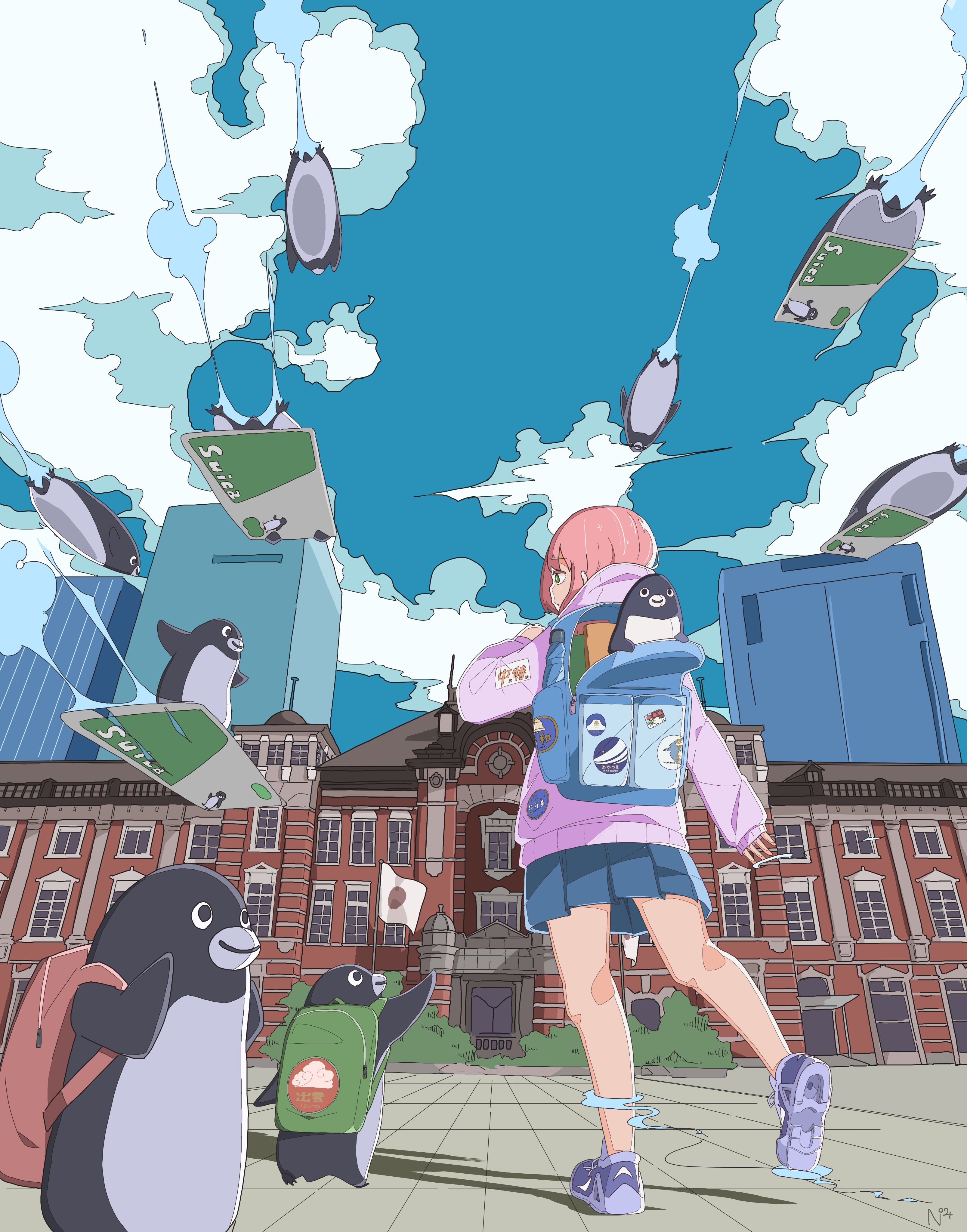 nickel ni plus, original, absurdres, commentary, english commentary, highres, 1girl, animal, backpack, bag, bird, blue sky, building, cloud, day, flag, green eyes, hood, hooded jacket, hoverboard, jacket, japanese flag, long sleeves, outdoors, penguin, pink hair, pink jacket, pleated skirt, shoes, skirt, sky