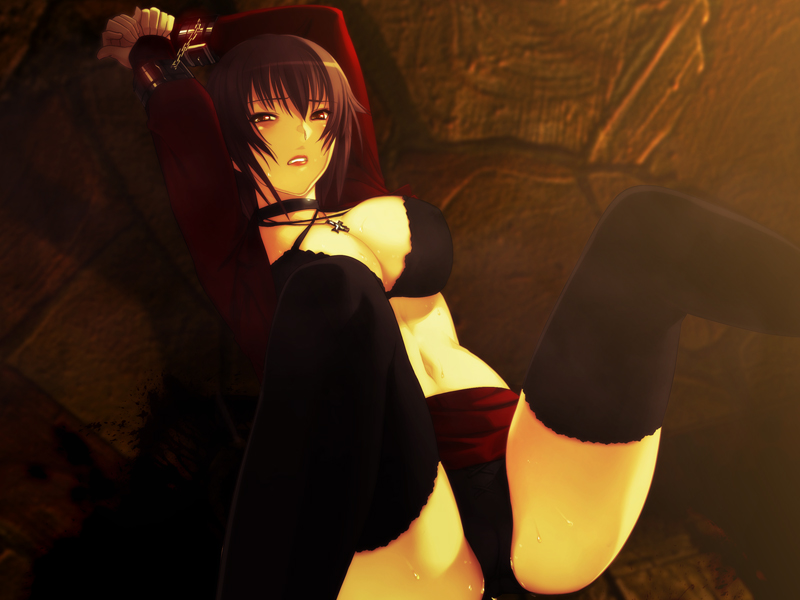 oosaki shin'ya, rebecca (gekkou no carnevale), gekkou no carnevale, nitroplus, game cg, 1girl, arms up, bdsm, black bra, black hair, black panties, black thighhighs, blush, bondage, bound, bra, breasts, brown hair, business suit, chain, choker, cleavage, clothes lift, cross, cuffs, female focus, formal clothes, handcuffs, jewelry, large breasts, lingerie, lipstick, makeup, necklace, open clothes, open shirt, panties, pencil skirt, shirt, short hair, skirt, skirt lift, solo, spread legs, suit, sweat, thighhighs, underwear, yellow eyes
