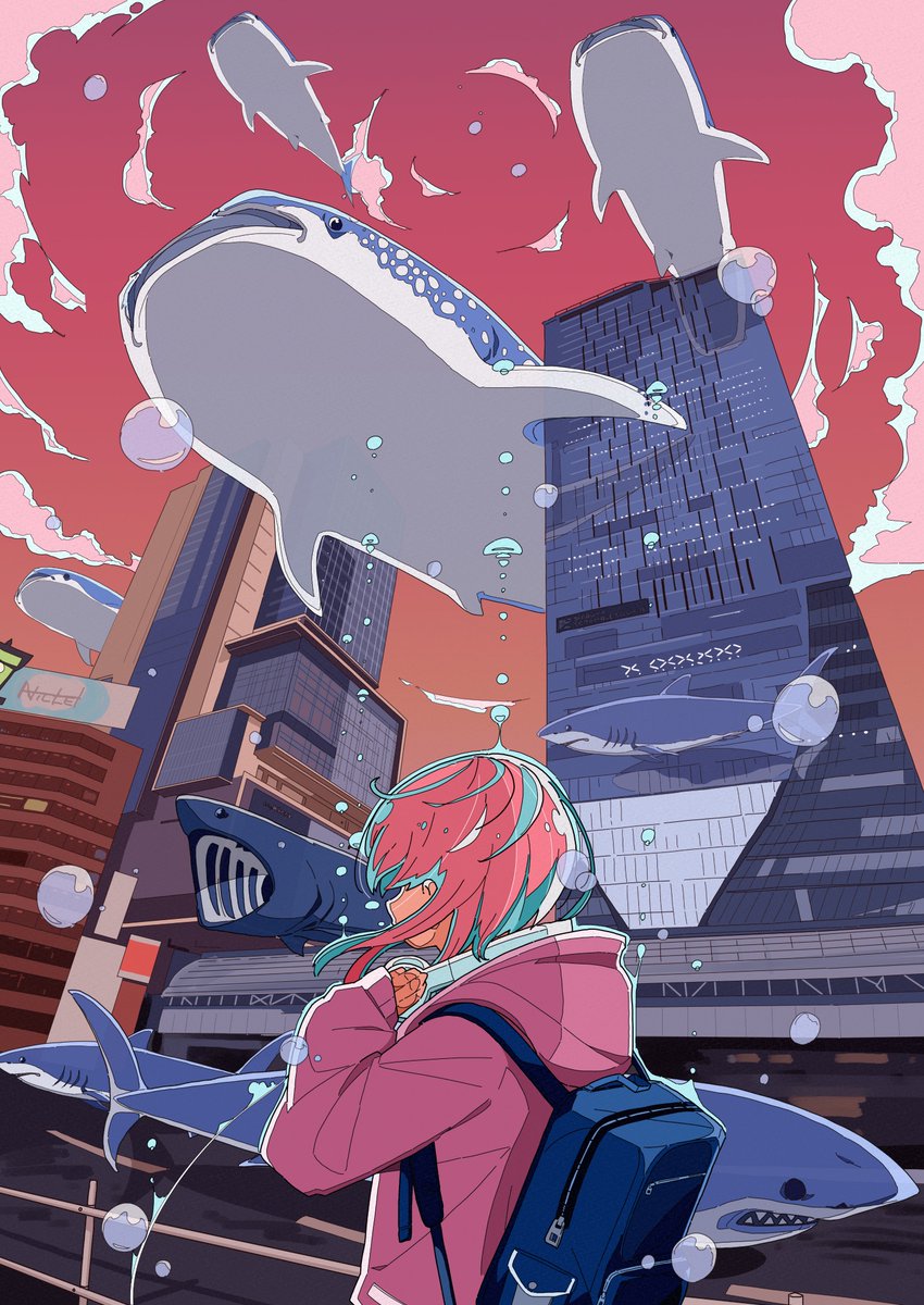 nickel ni plus, original, highres, 1girl, air bubble, animal, aqua hair, backpack, bag, bubble, building, city, cloud, hood, hood down, jacket, long sleeves, multicolored hair, outdoors, oversized animal, pink hair, red skirt, road, shark, sharp teeth, skirt, skyscraper, teeth, whale shark