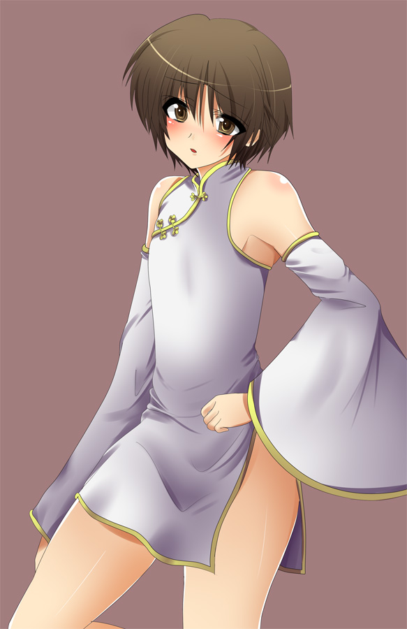 masayu, naoe riki, little busters!, 1boy, bare shoulders, bob cut, brown eyes, brown hair, china dress, chinese clothes, crossdressing, crossdressing (mtf), detached sleeves, dress, male focus, side slit, simple background, solo, trap, white dress