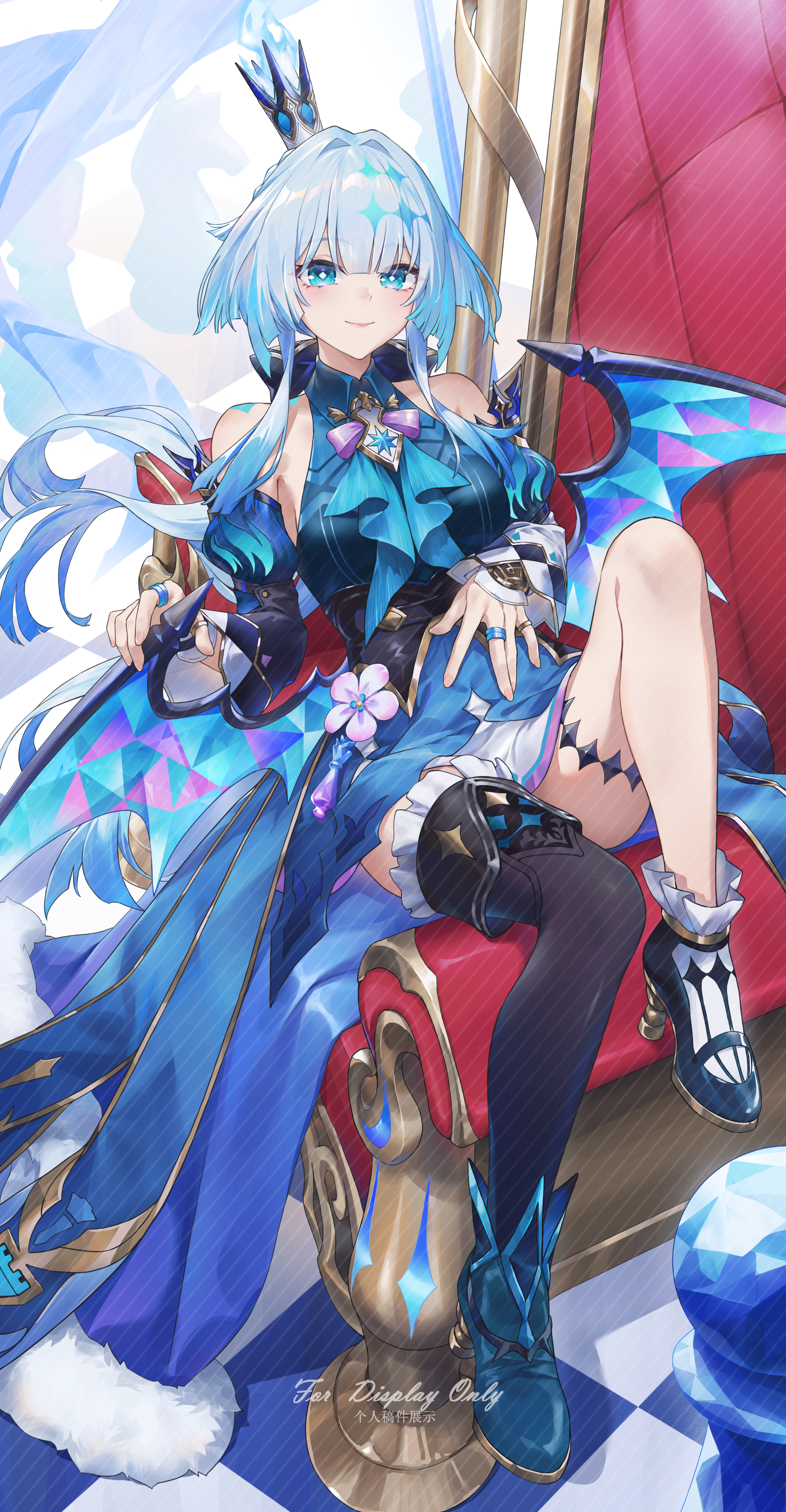 swkl:d, cerydra (honkai: star rail), honkai: star rail, honkai (series), absurdres, highres, 1girl, asymmetrical footwear, asymmetrical legwear, bare shoulders, black thighhighs, blue eyes, blue hair, blue shoes, bright pupils, closed mouth, couch, crown, detached sleeves, english text, grey hair, jewelry, long hair, long sleeves, looking at viewer, mini crown, mismatched footwear, mismatched legwear, multicolored hair, multiple rings, on couch, ring, shoes, sitting, smile, socks, solo, thighhighs, very long hair, watermark, white pupils, white socks