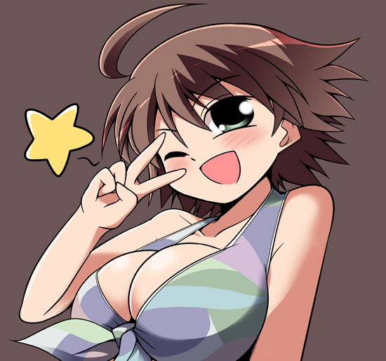serebi ryousangata, sforce, awakened miki, hoshii miki, idolmaster, idolmaster (classic), idolmaster 1, 00s, 1girl, blush, breasts, brown background, brown hair, cleavage, collarbone, female focus, huge breasts, one eye closed, open mouth, short hair, simple background, solo, star (symbol), upper body, v