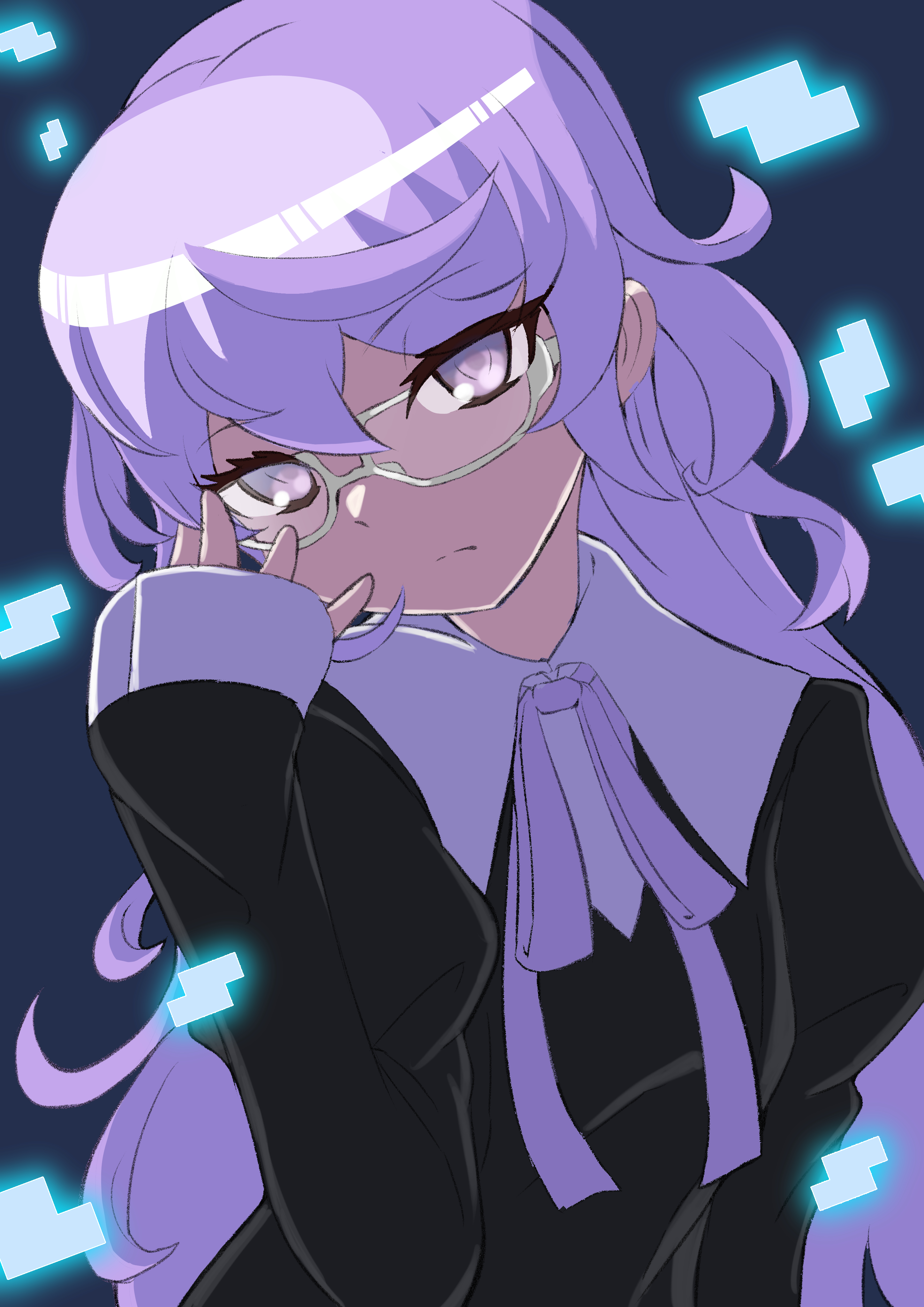 yamamoto zetta, mikagura mirei, digimon, digimon story: time stranger, absurdres, highres, 1girl, black dress, blue background, dress, glasses, long hair, purple eyes, purple hair, simple background, solo, upper body
