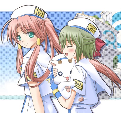 shiumai, siumai, aino ai, aria pokoteng, mizunashi akari, aria (manga), lowres, 00s, 2girls, aged up, aria company uniform, beret, blouse, closed eyes, green eyes, green hair, hair tubes, hat, multiple girls, pink hair, shirt, white shirt