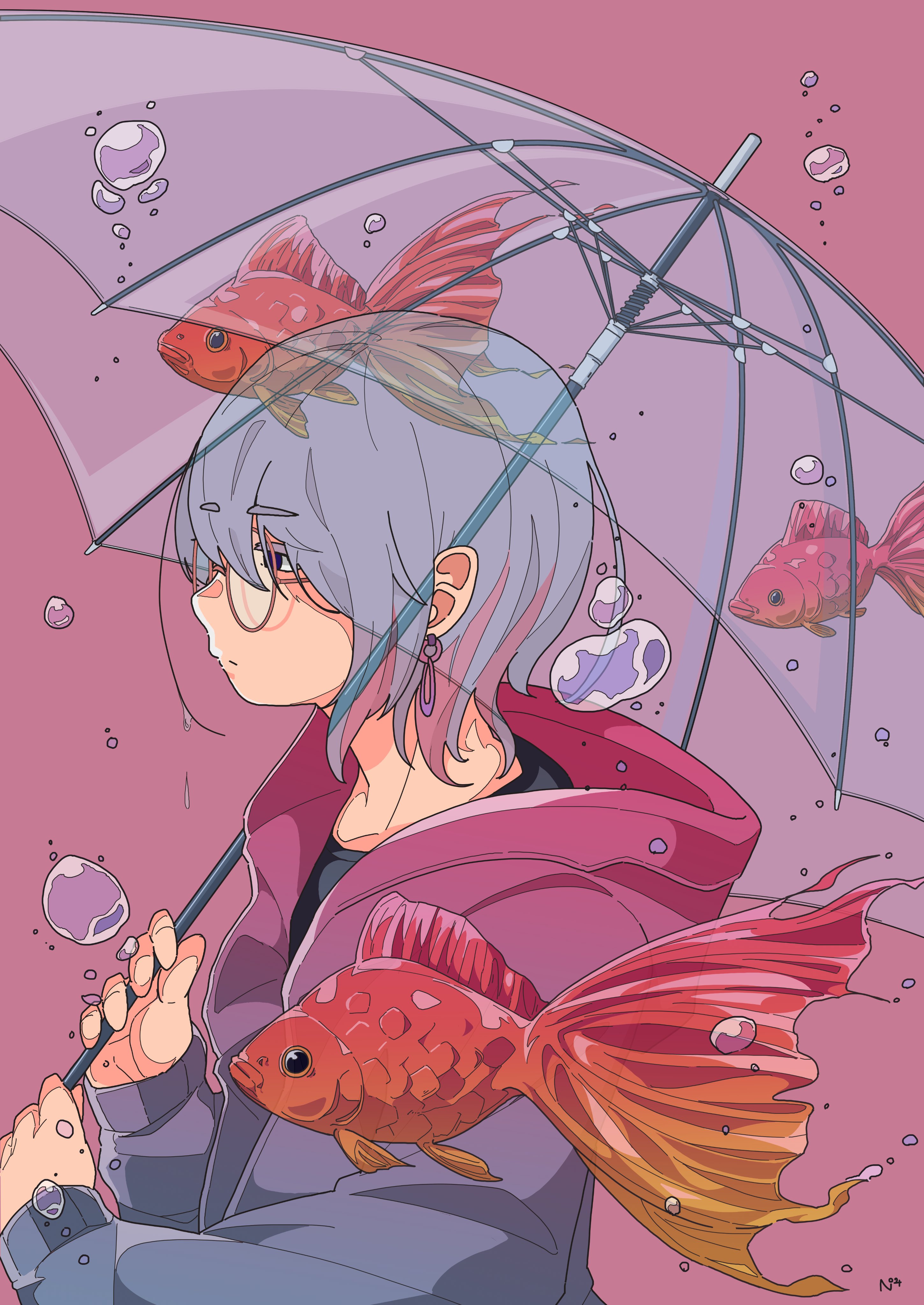 nickel ni plus, original, absurdres, commentary request, highres, 1girl, air bubble, black shirt, bubble, closed mouth, earrings, fish, from side, glasses, goldfish, holding, holding umbrella, hood, hood down, hooded jacket, jacket, jewelry, long sleeves, multicolored hair, open clothes, open jacket, profile, shirt, simple background, solo, transparent, transparent umbrella, umbrella, upper body