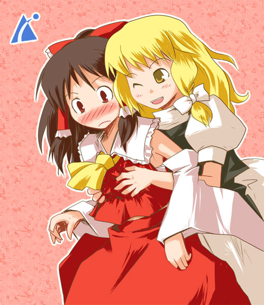 kanoe soushi, hakurei reimu, kirisame marisa, touhou, bad id, bad pixiv id, 2girls, blonde hair, female focus, groping, japanese clothes, miko, multiple girls, skirt