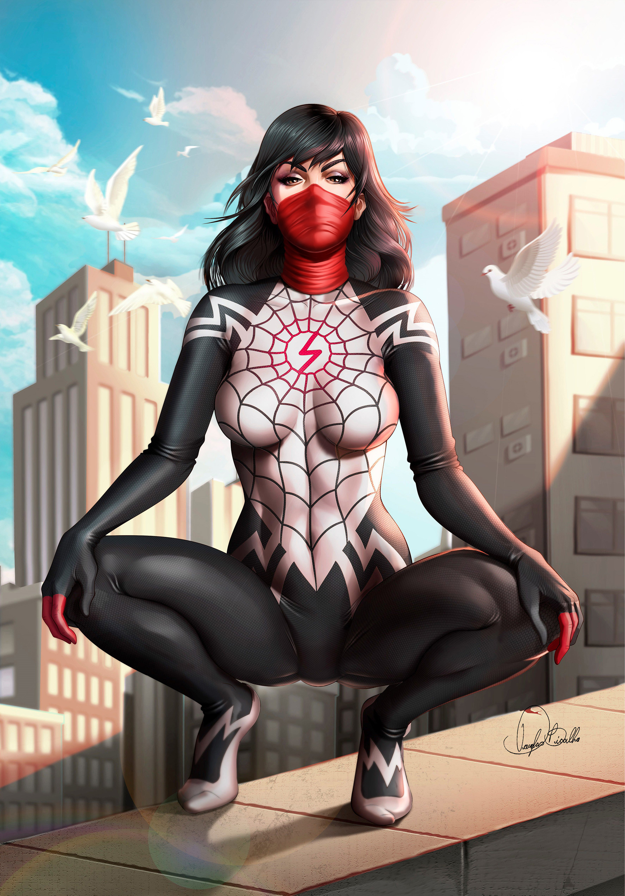 douglas bicalho, cindy moon, silk (marvel), marvel, spider-man (series), absurdres, highres, 1girl, bird, black bodysuit, black hair, blue sky, bodysuit, breasts, brown eyes, building, city, cloud, covered navel, day, looking at viewer, mask, medium breasts, mouth mask, outdoors, red mask, signature, sky, skyscraper, solo, squatting, superhero costume, two-tone bodysuit, white bird, white bodysuit