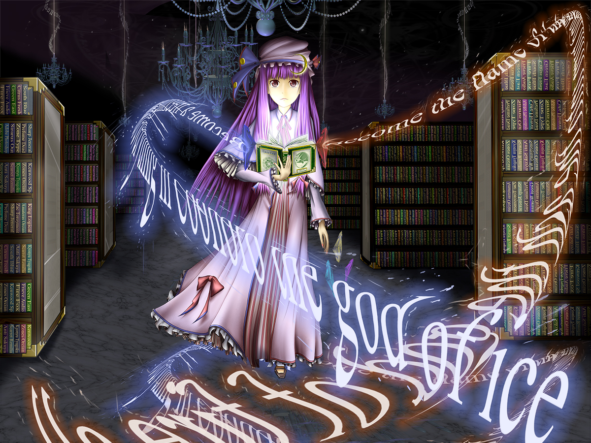lucia (artist), patchouli knowledge, touhou, 1girl, book, english text, female focus, hat, indoors, long hair, ribbon, solo, standing