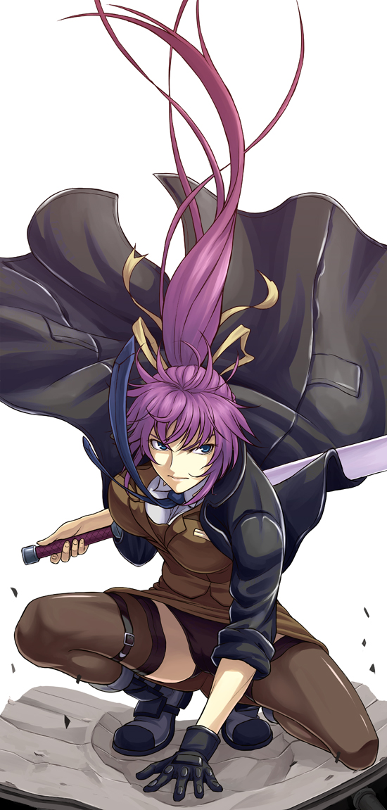 nakayama yukiji, laevatein (nanoha), signum, lyrical nanoha, mahou shoujo lyrical nanoha, mahou shoujo lyrical nanoha strikers, 00s, 1girl, blue eyes, female focus, gloves, long coat, necktie, panties, pink hair, ponytail, single glove, solo, sword, thighhighs, underwear, weapon, whip sword