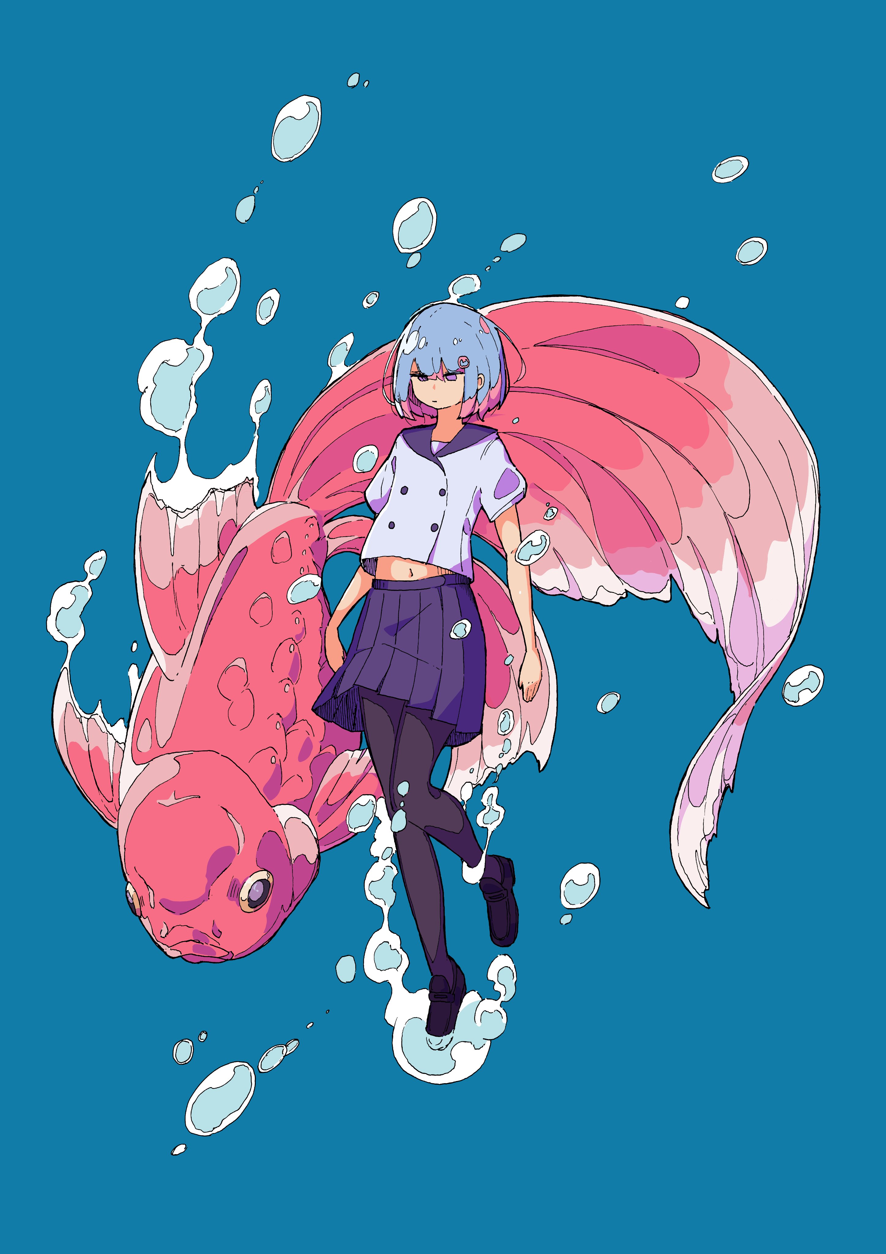 nickel ni plus, original, absurdres, commentary, english commentary, highres, 1girl, air bubble, black shoes, blue background, blue hair, bubble, closed mouth, fish, full body, goldfish, hair between eyes, multicolored hair, navel, pantyhose, pink hair, purple eyes, purple skirt, sailor collar, shoes, short hair, short sleeves, simple background, skirt, solo