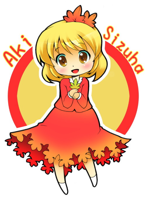michii yuuki, aki shizuha, touhou, 1girl, blonde hair, brown eyes, character name, chibi, dress, female focus, hair ornament, kunreishiki, leaf, leaf hair ornament, maple leaf, romaji text, short hair, smile, socks, solo