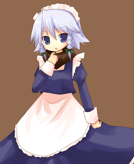 yuzuki (yuduame), izayoi sakuya, touhou, silver hair, 1girl, braid, female focus, short hair, solo, twin braids
