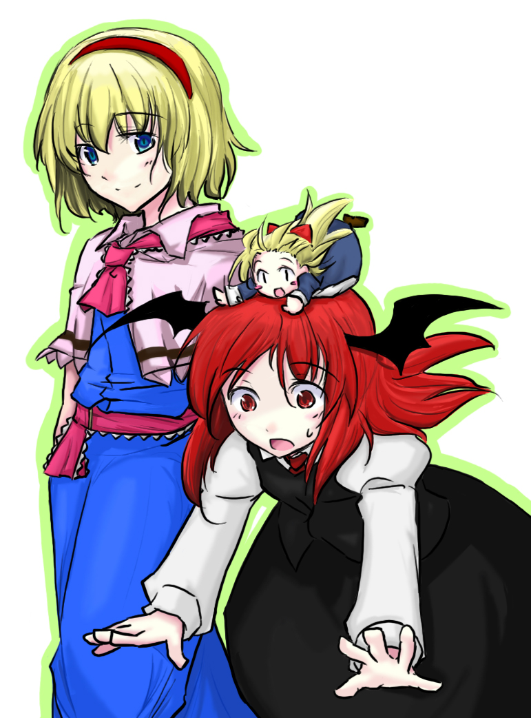 lysander z, alice margatroid, koakuma, shanghai doll, touhou, 3girls, blonde hair, doll, female focus, head wings, long hair, multiple girls, ribbon, simple background, standing, white background, wings