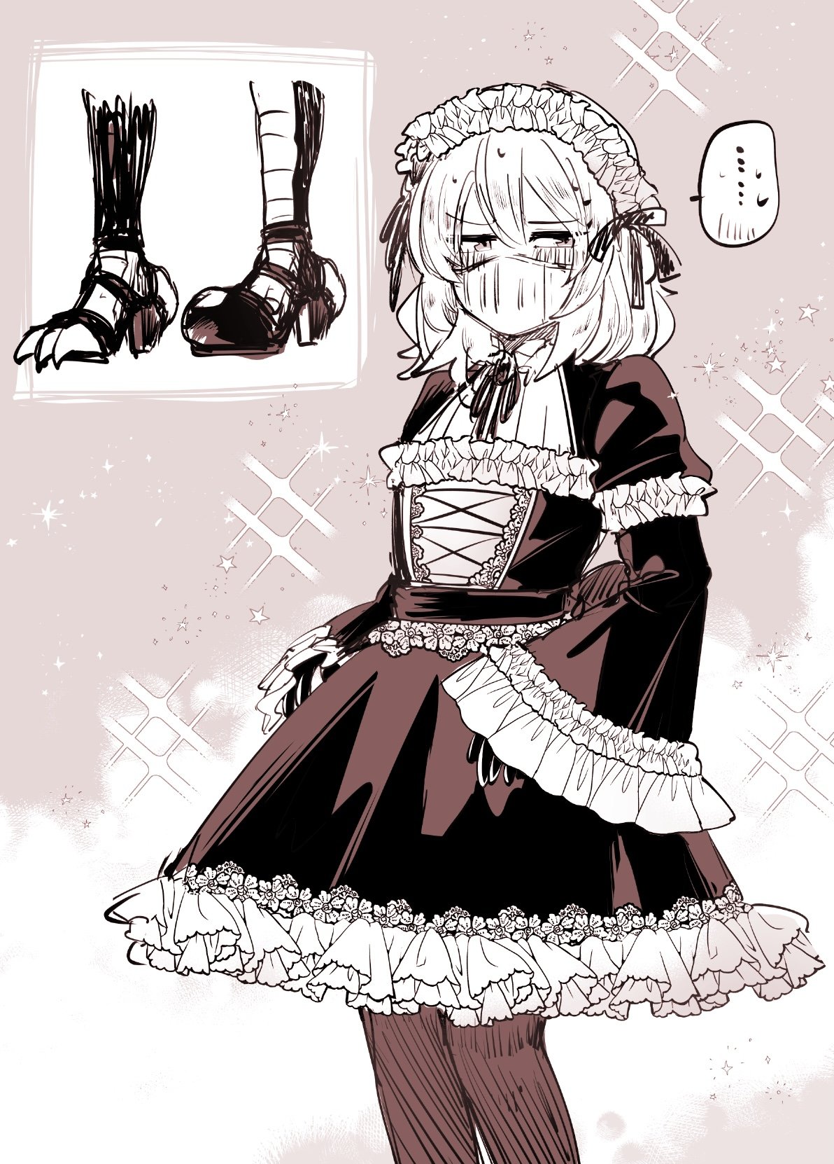 mairimashita! iruma-kun, highres, …, 1boy, balam shichiro, bird legs, blush, crossdressing, crossdressing (mtf), dress, embarrassed, frilled dress, frilled hairband, frilled sleeves, frills, gloves, hairband, isiko mim z, layered sleeves, lolita fashion, long sleeves, looking to the side, male focus, mask, medium hair, monochrome, mouth mask, puffy short sleeves, puffy sleeves, ribbon, sepia, shoes, short over long sleeves, short sleeves, sketch, sleeves past wrists, solo, spoken ellipsis, trap, wide sleeves
