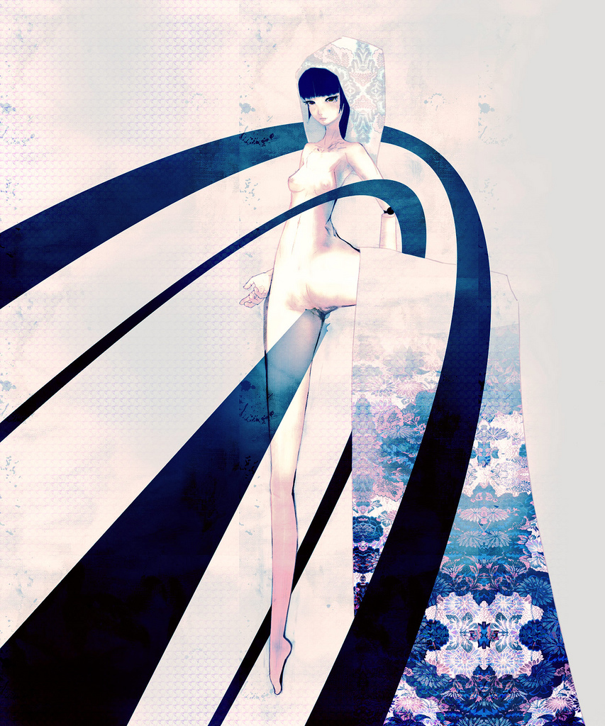 dskb, original, looking away, 1girl, bad anatomy, bad proportions, barefoot, black hair, blunt bangs, breasts, female focus, full body, nipples, nude, outstretched leg, poorly drawn, small breasts, solo