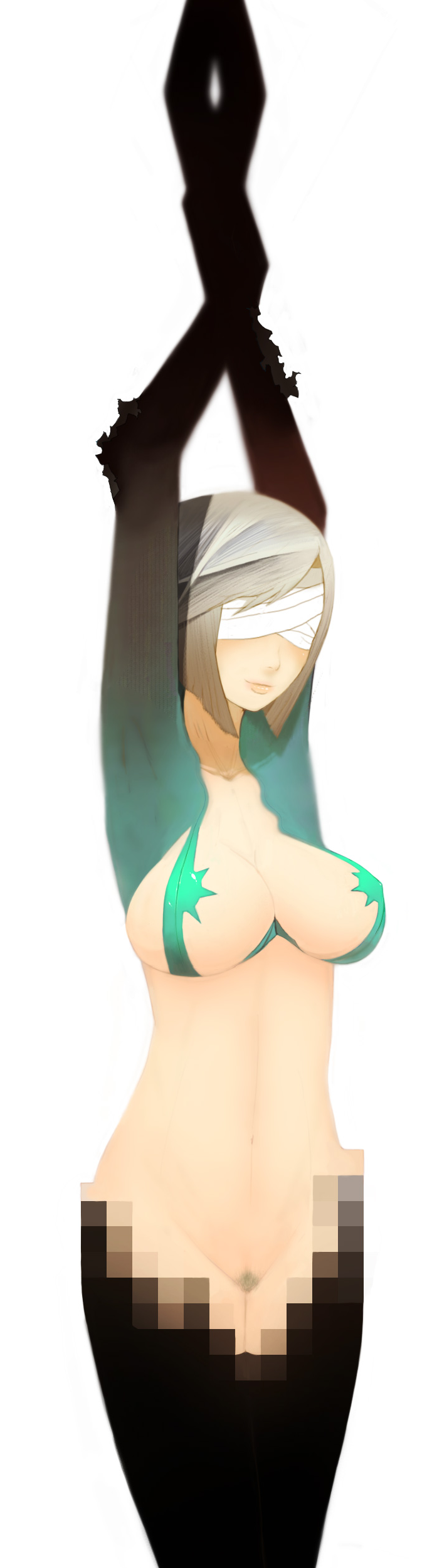 dskb, absurdres, highres, long image, tall image, 1girl, bandages, bandages over eyes, breasts, cleavage, female focus, female pubic hair, large breasts, pubic hair, solo