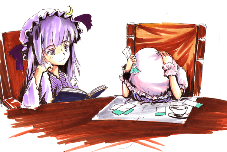 patchouli knowledge, remilia scarlet, touhou, 2girls, book, female focus, hat, multiple girls, upper body, white background