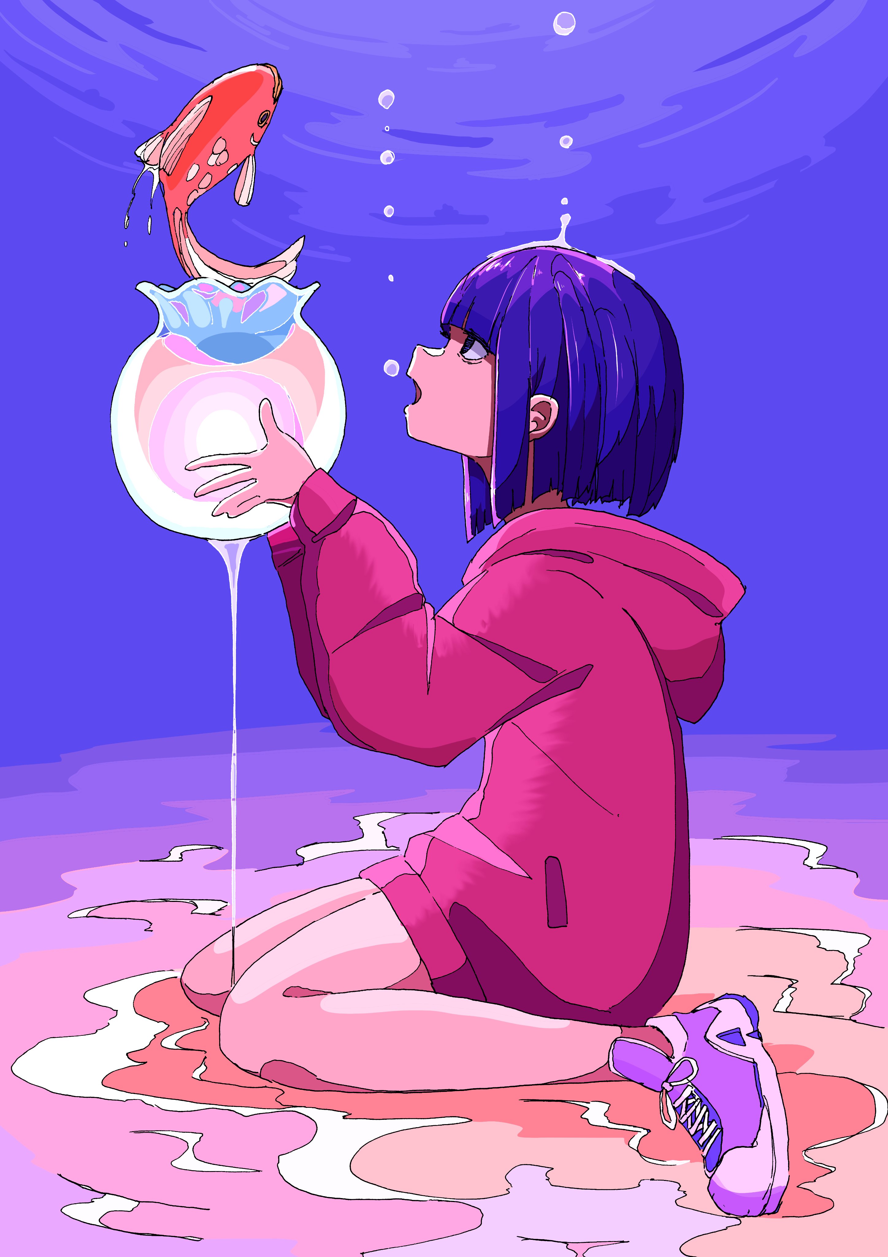 nickel ni plus, original, absurdres, highres, 1girl, fish, fishbowl, from side, goldfish, holding, hood, hood down, hoodie, long sleeves, looking up, open mouth, pink hoodie, profile, purple hair, purple shoes, ripples, shoes, short hair, sitting, sneakers, solo, water, water drop
