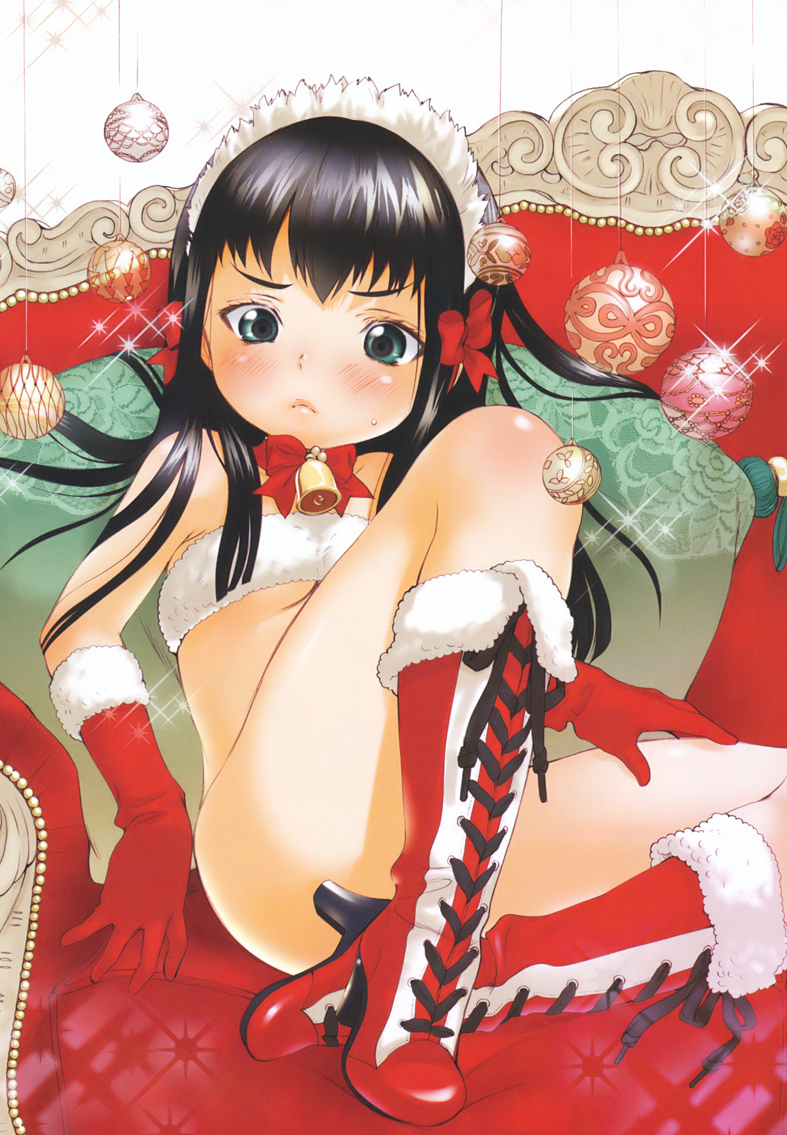 inuburo, copyright request, highres, 1girl, bandeau, bell, black hair, blush, boots, christmas, collar, couch, female focus, flat chest, fur-trimmed boots, fur-trimmed headdress, fur trim, gloves, green eyes, hair ornament, hair ribbon, hairband, lace-up boots, loli, long hair, lying, neck bell, no panties, red boots, red gloves, ribbon, santa costume, shoelaces, solo, strapless, tube top