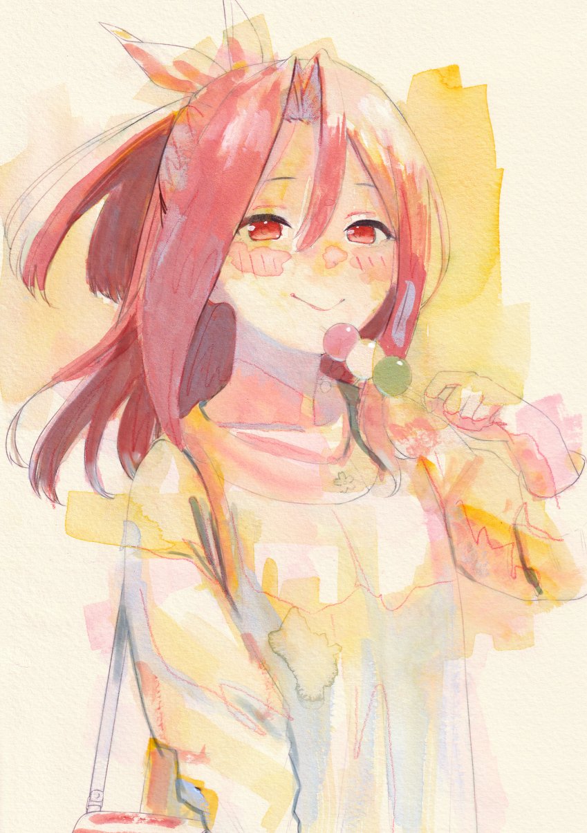 sakiecho, zuihou (kancolle), kantai collection, highres, traditional media, 1girl, bag, blush, brown hair, dango, food, handbag, long hair, looking at viewer, red eyes, sanshoku dango, smile, solo, upper body, wagashi