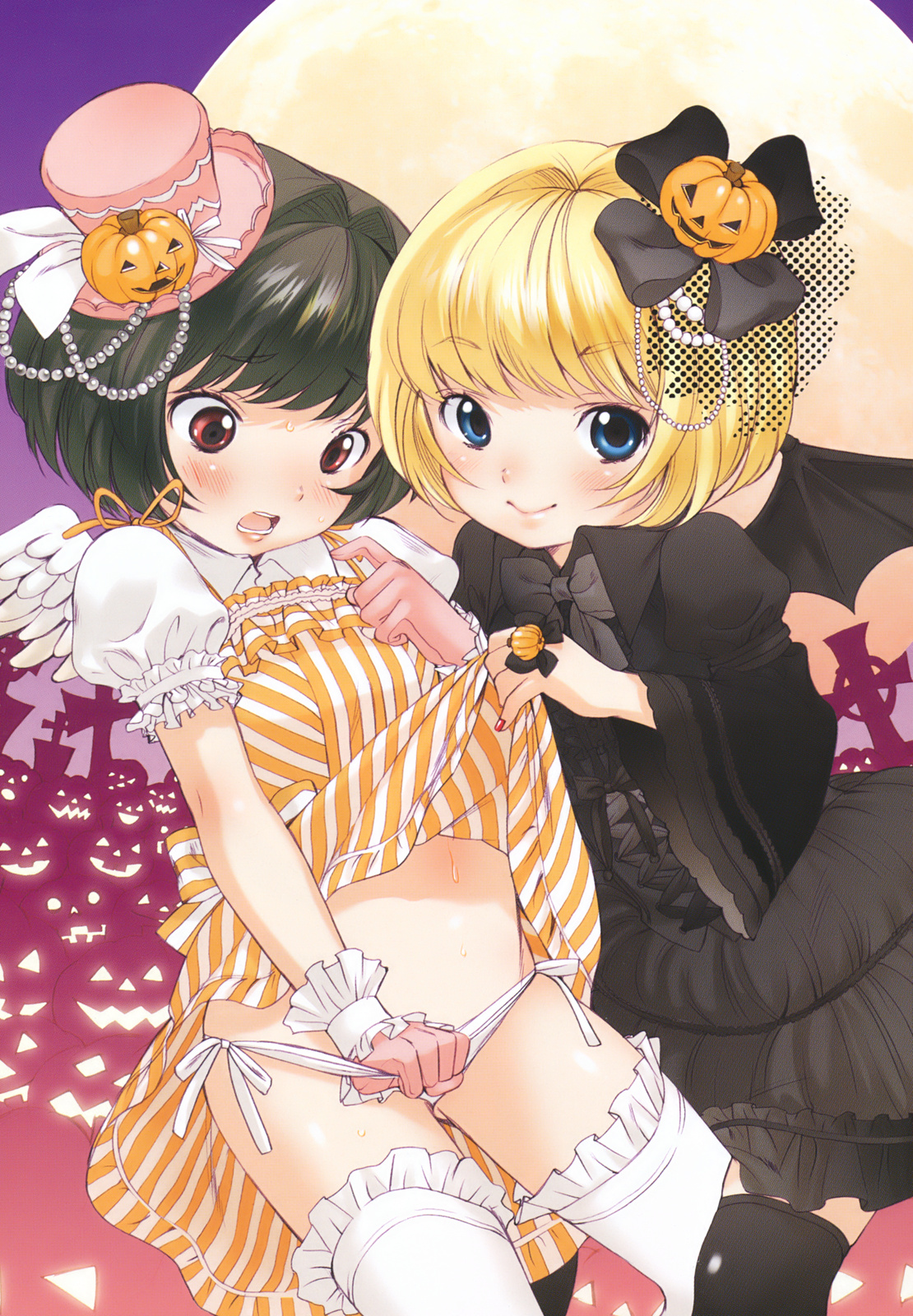 inuburo, comic ino, copyright request, highres, 2girls, angel wings, bat wings, blonde hair, blue eyes, blush, brown hair, clothes lift, costume, dress, dress lift, food-themed hair ornament, food themed hair ornament, frills, gothic lolita, hair ornament, halloween, hat, jack-o'-lantern, loli, lolita fashion, mini hat, mini top hat, moon, multiple girls, panties, panty pull, pumpkin, pumpkin hair ornament, red eyes, short hair, side-tie panties, smile, thighhighs, top hat, underwear, white panties, wings